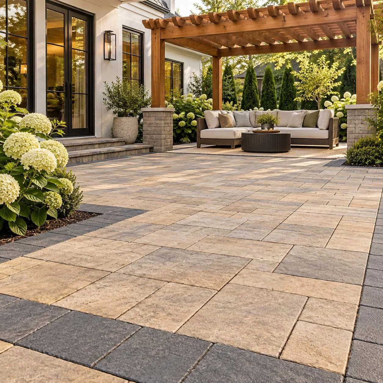 Warm-toned paver patio with a charcoal border, cedar pergola and outdoor seating surrounded by flowering hydrangeas.