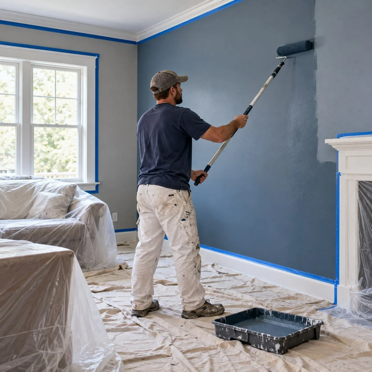 Painter applying blue paint to a living room wall with a roller, with taped trim, covered furniture and drop cloths.