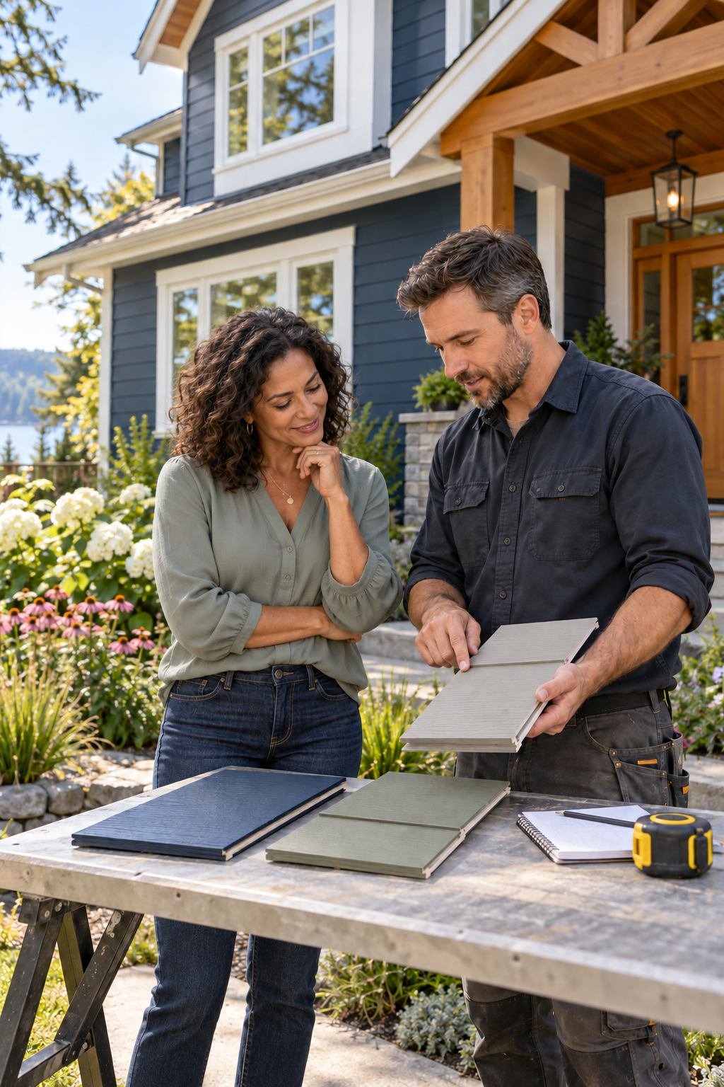 Contractor and homeowner reviewing siding color samples outside a navy-sided home while planning an exterior renovation.