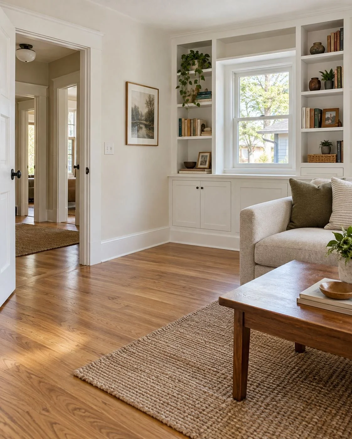 Interior renovation inspiration featuring wood flooring, white trim and built-in shelving in a bright living room.