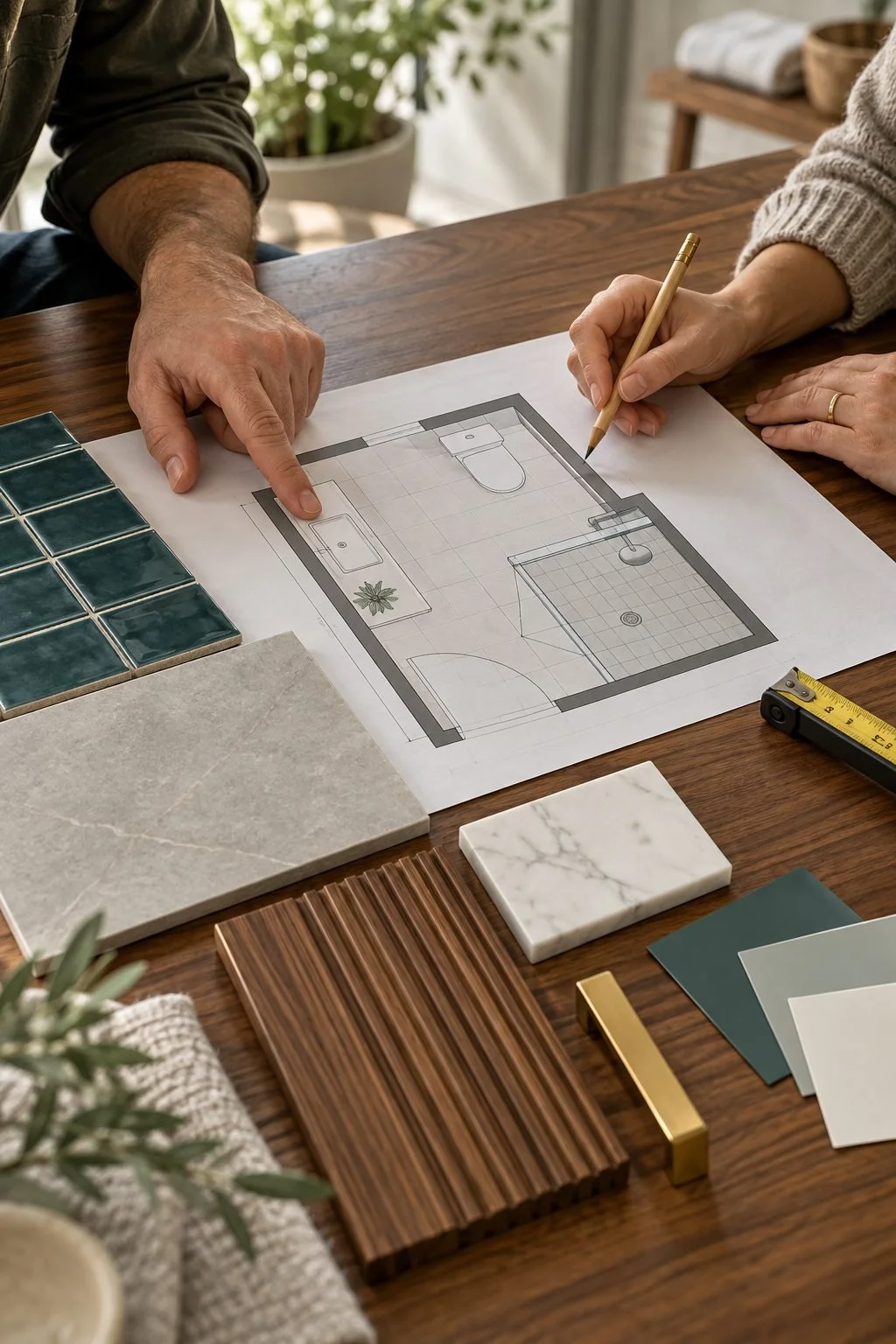 Hands reviewing bathroom renovation plans with teal tile, walnut vanity samples, marble and brass hardware on a table.