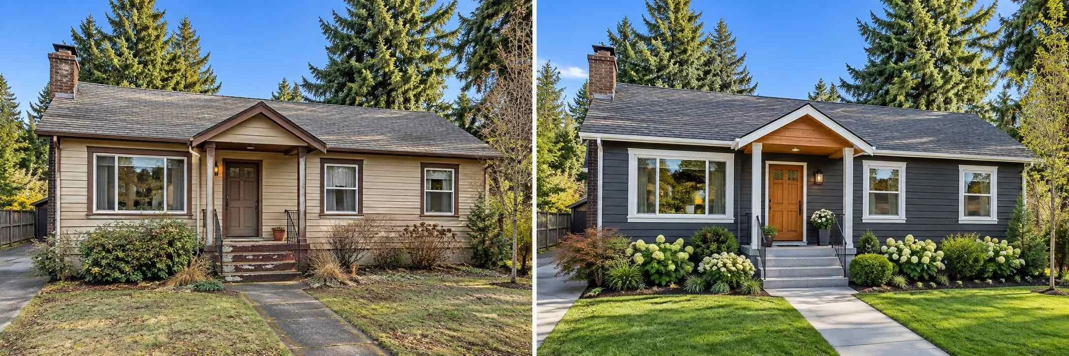 Side-by-side comparison of a house before and after renovation. The left shows an older house with beige siding, weathered steps, and sparse landscaping. The right shows the same house completely renovated with dark gray siding, new stairs with a wooden porch roof, lush landscaping, and a well-maintained front lawn.