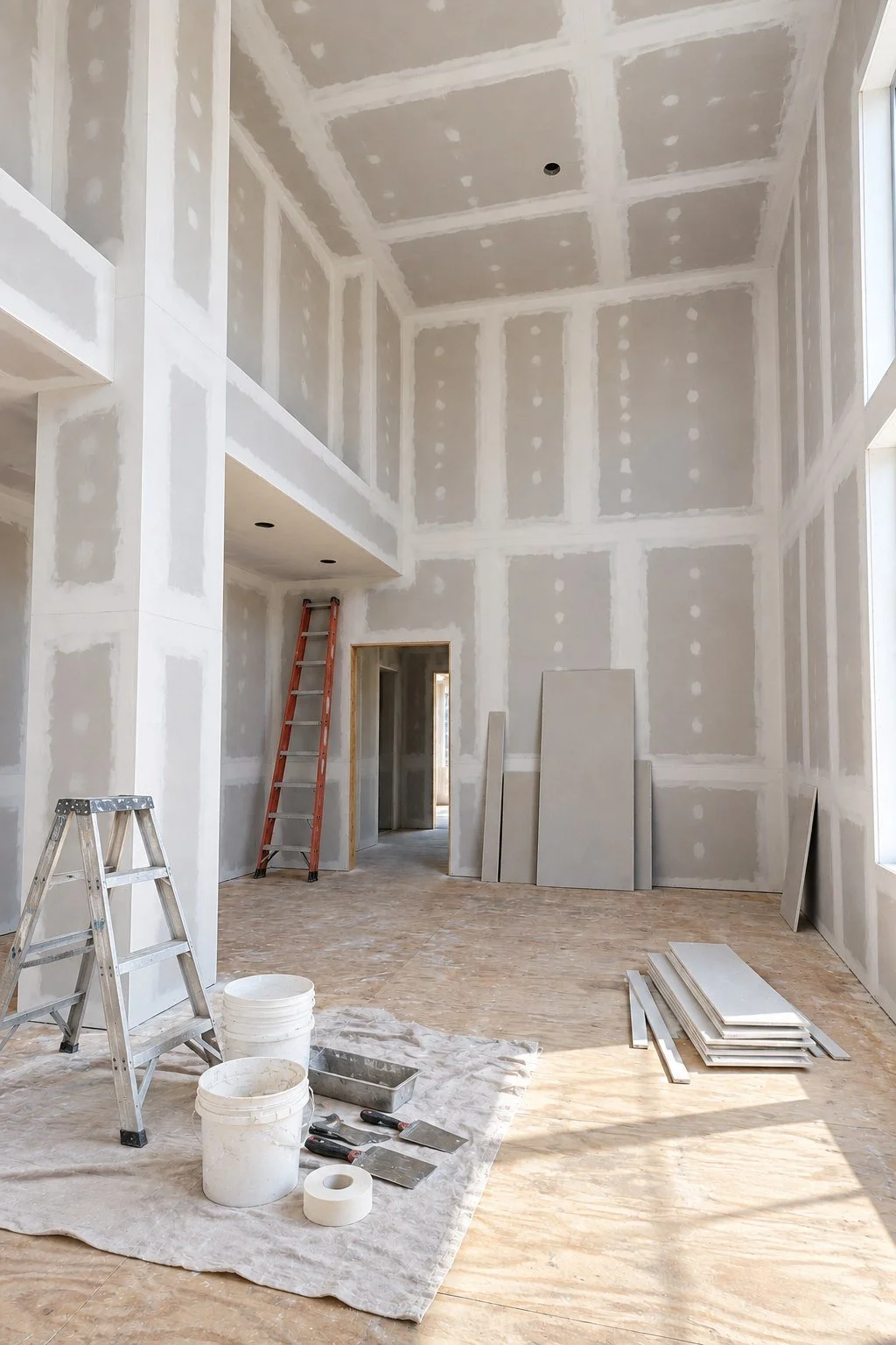 Drywall repair in progress with taped wall and ceiling seams, ladders and finishing tools in a tall residential interior.