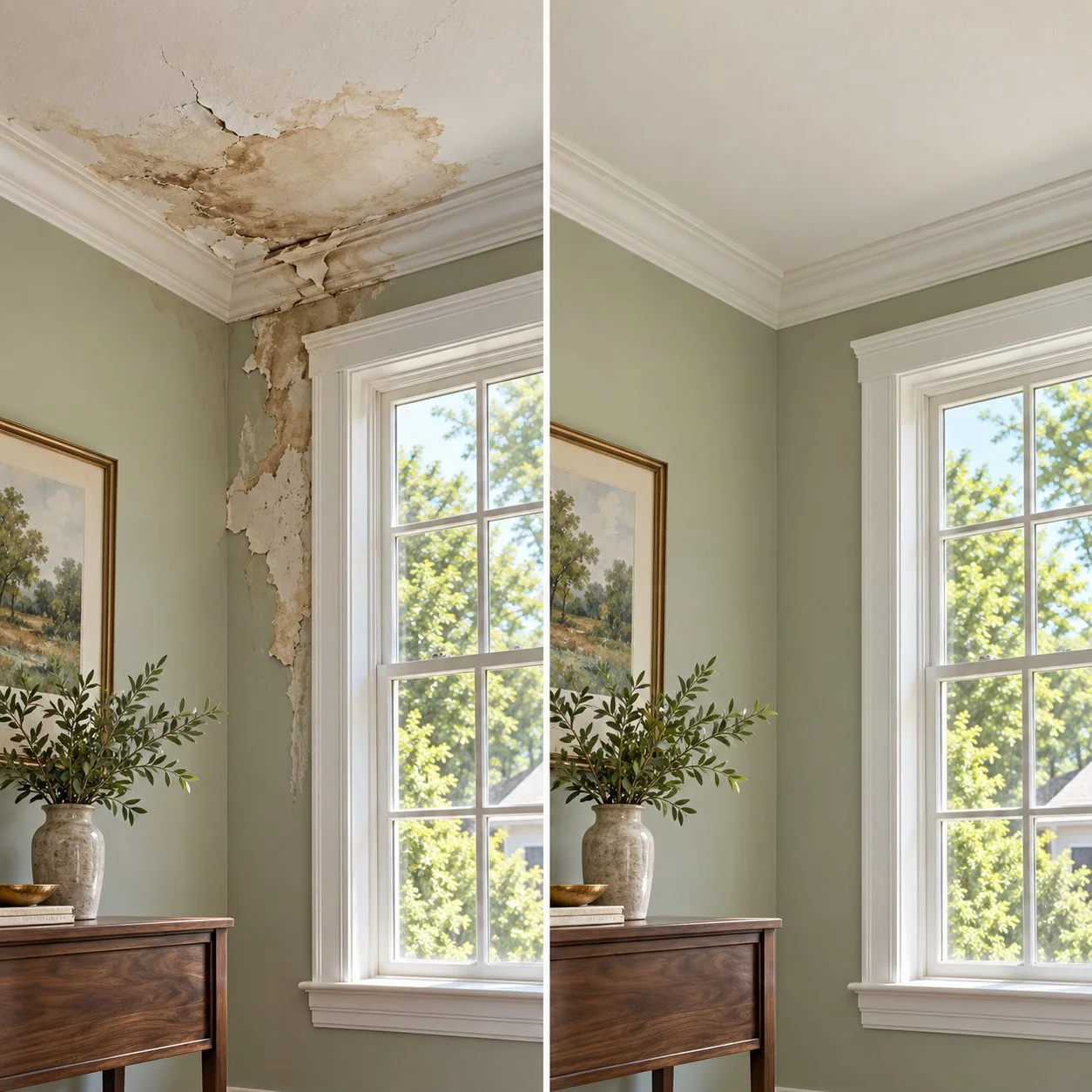 Water-damaged ceiling and wall before and after repairs, with restored sage paint, white crown molding and window trim.