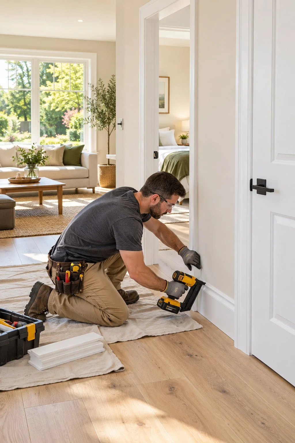 Worker installing white baseboards beside an updated interior door, with oak flooring and freshly painted walls.