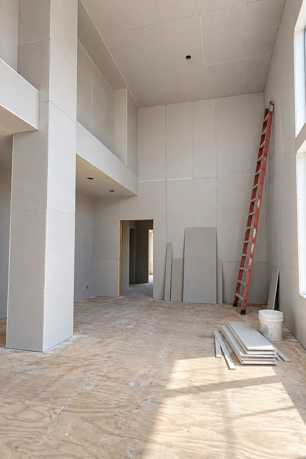Newly installed drywall covering tall walls and ceiling, with visible panel seams, a red ladder and stacked materials.