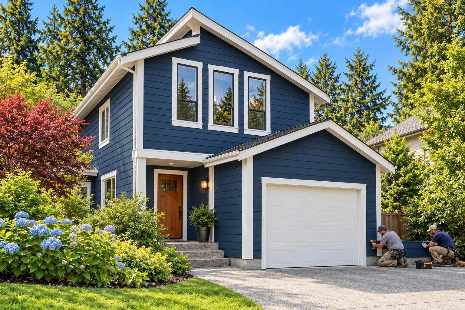 Workers completing navy siding installation on a two-story home with crisp white trim, a wood entry door and lush gardens.
