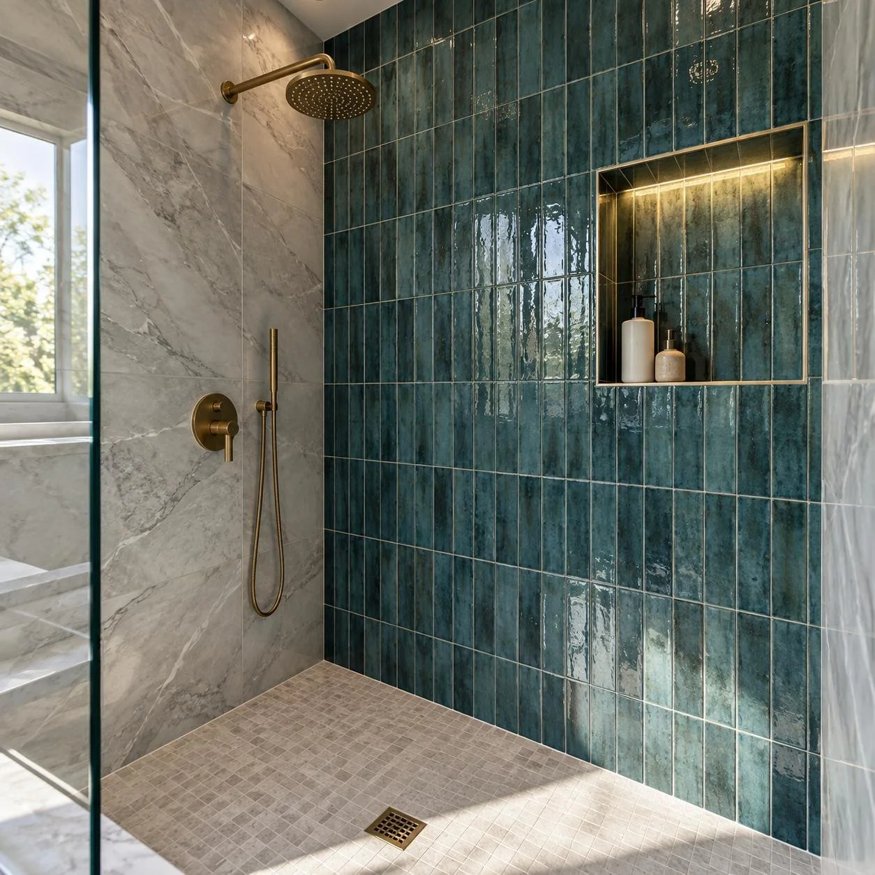 Bathroom tile concept with blue-green shower tiles, marble-look walls, a recessed niche and brushed brass fixtures.