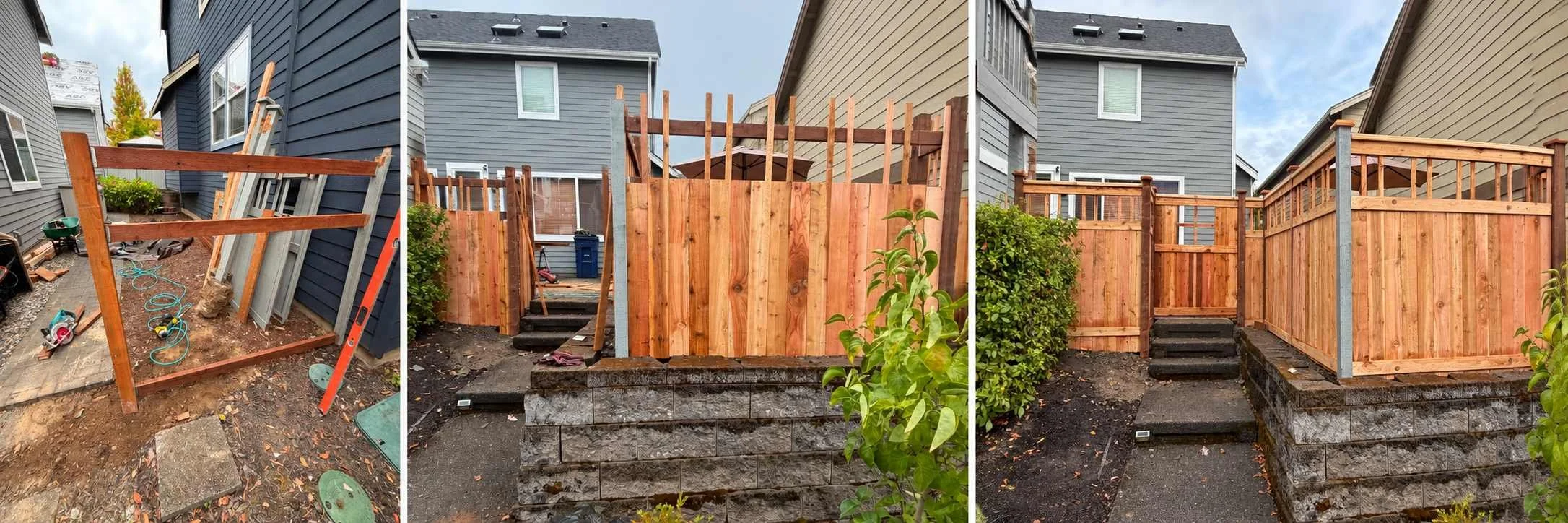 Cedar fence installation and repair progress showing exposed framing, partially installed boards and a finished privacy fence and gate.