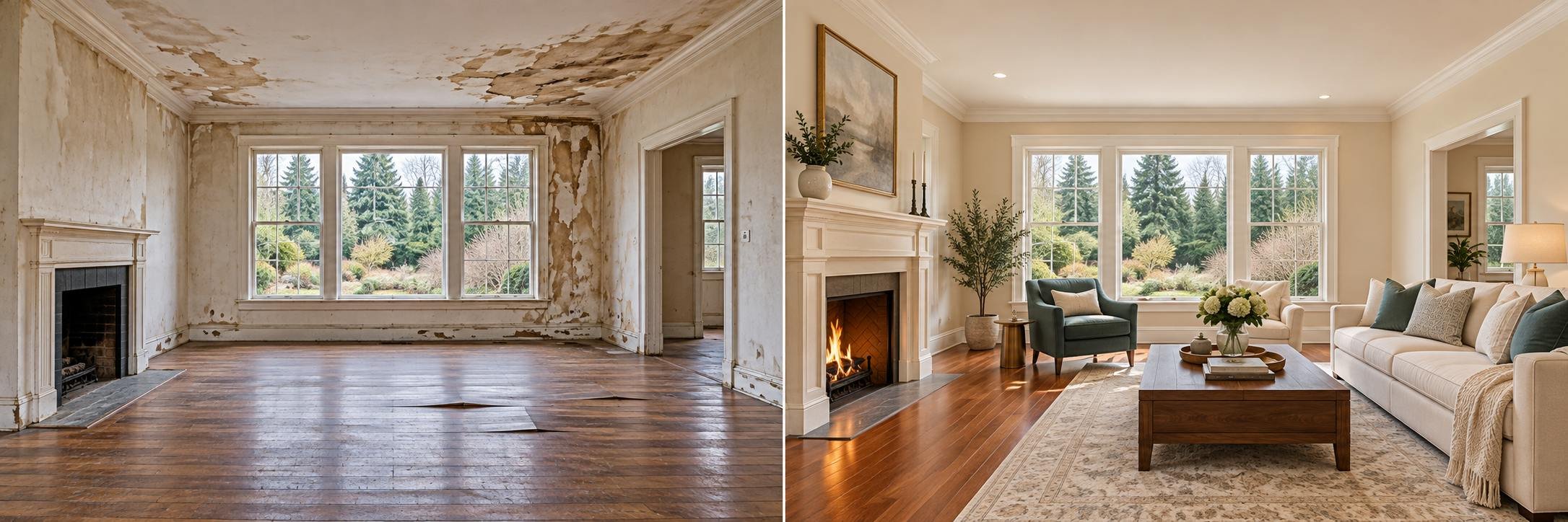 Residential water damage before-and-after illustration showing repaired living room walls, ceiling and hardwood floors.