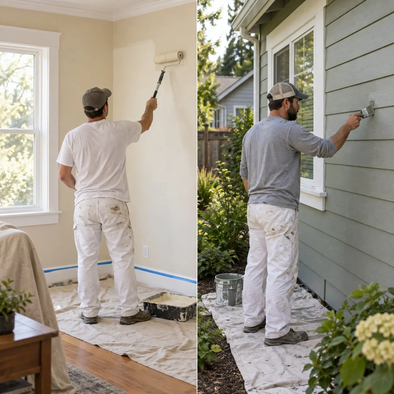 Split image showing a painter rolling an interior wall and another brushing paint onto exterior house siding.