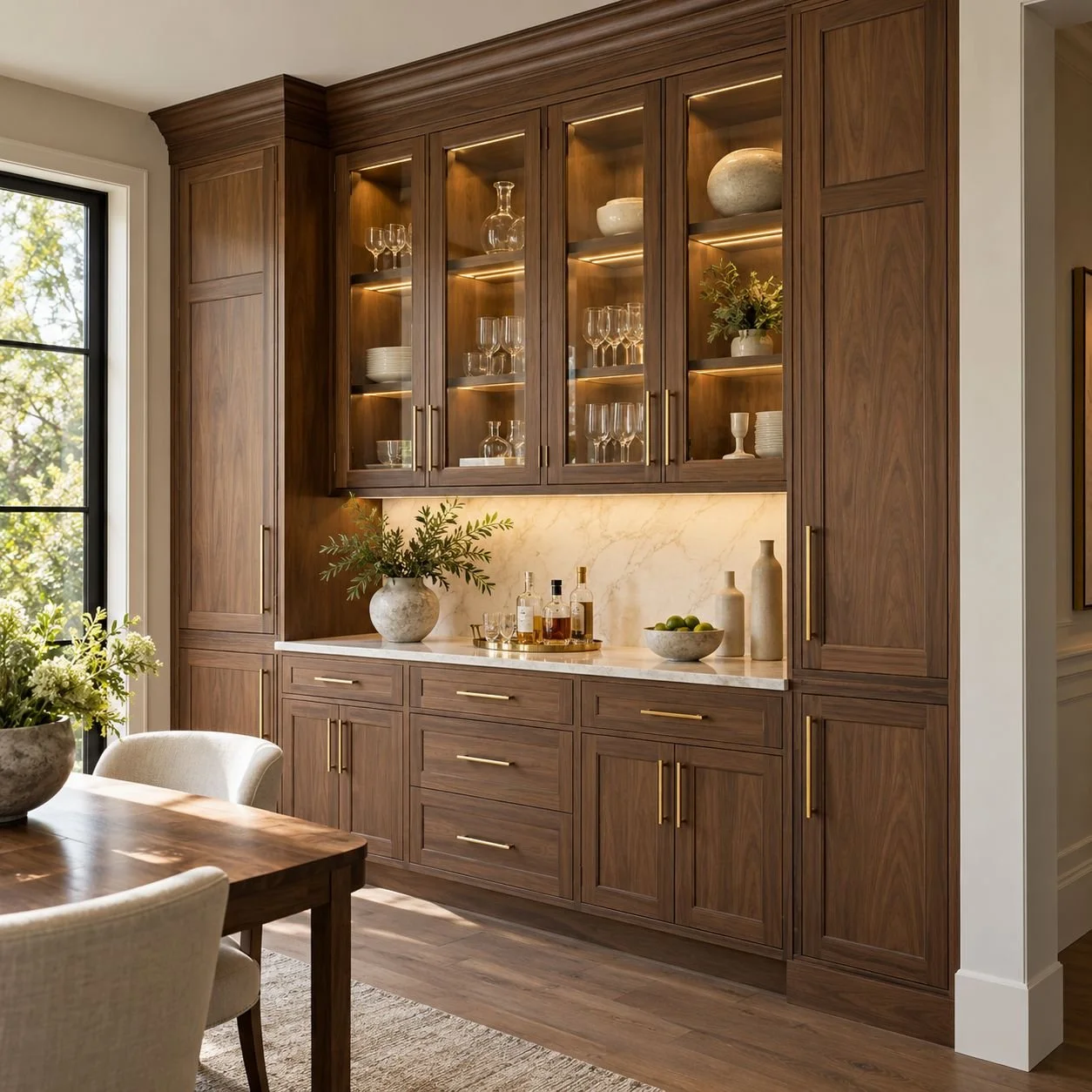 Fitted walnut cabinets with illuminated glass doors, brass hardware, crown molding and a light stone backsplash.