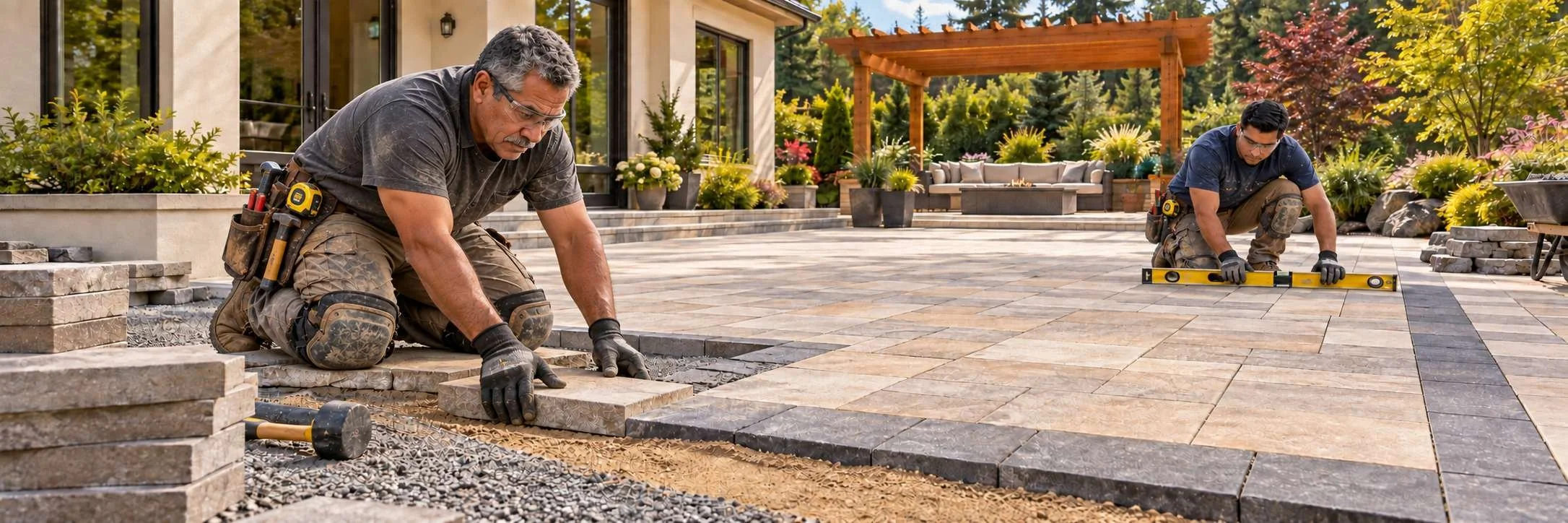 TPaver installation and repair crew laying patio pavers and checking alignment beside a landscaped backyard pergola.