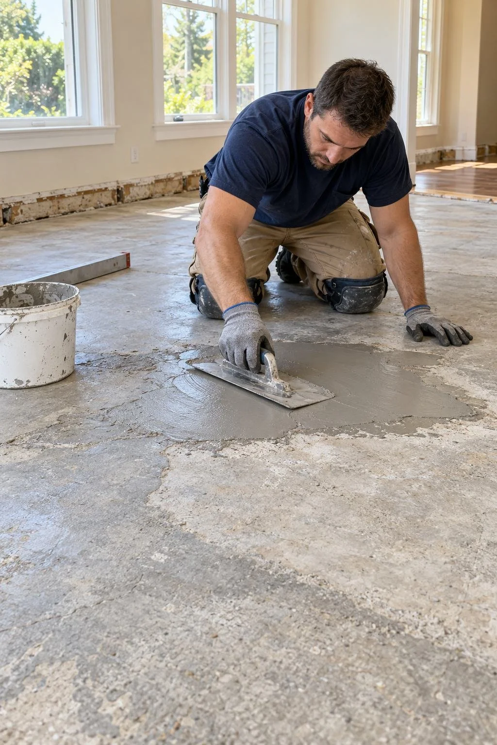 Worker smoothing patching compound over a concrete subfloor to prepare the surface for new flooring installation.
