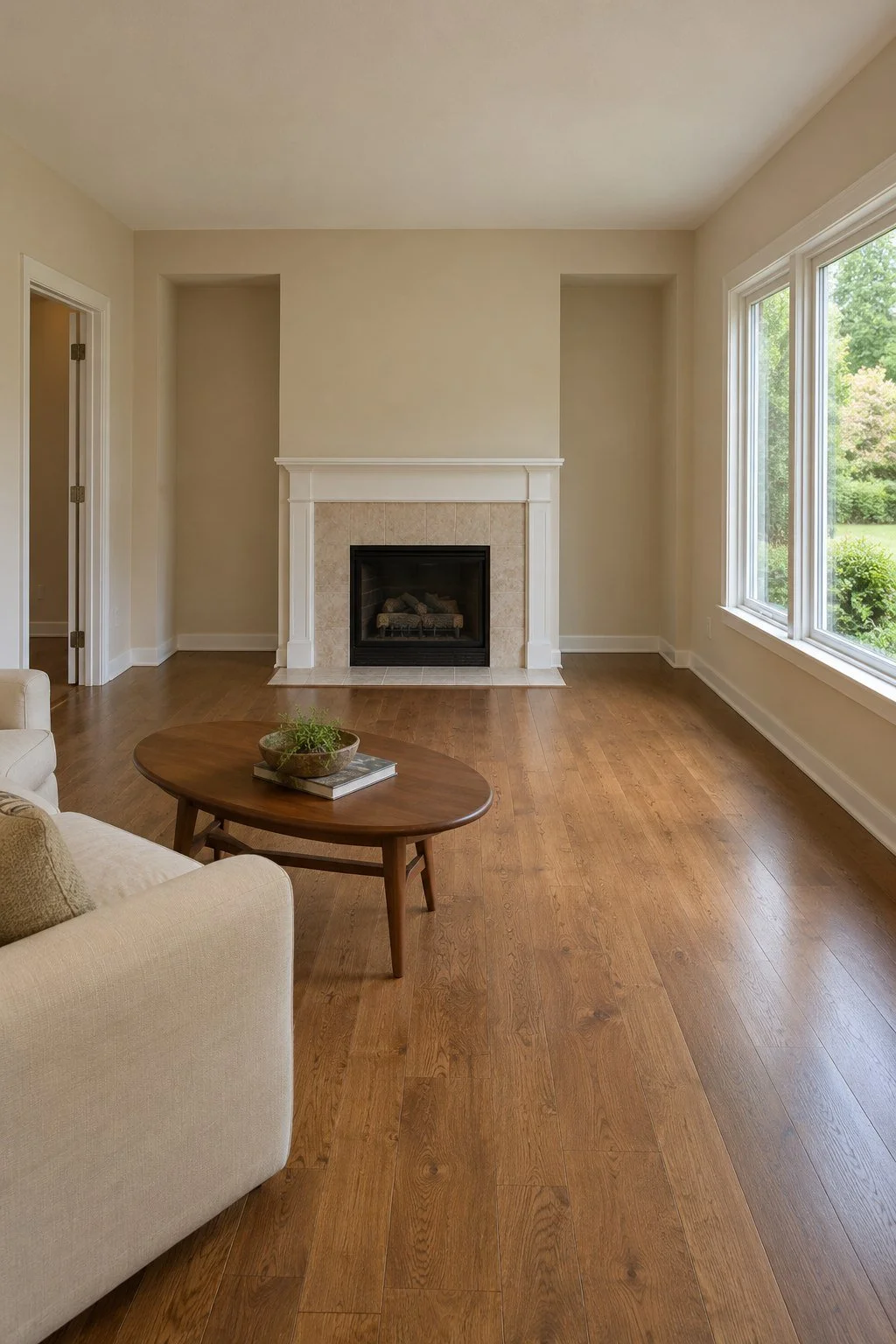 Living room before finish carpentry, with empty fireplace alcoves, basic white trim and medium brown wood flooring.