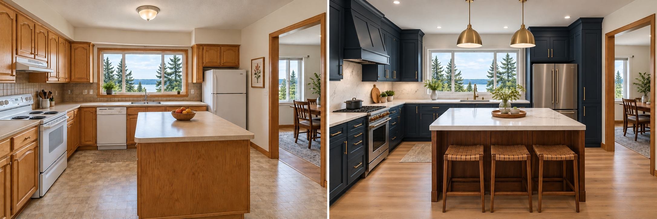 Kitchen remodeling before and after, showing oak cabinets replaced with navy cabinetry, a white island and brass lighting.
