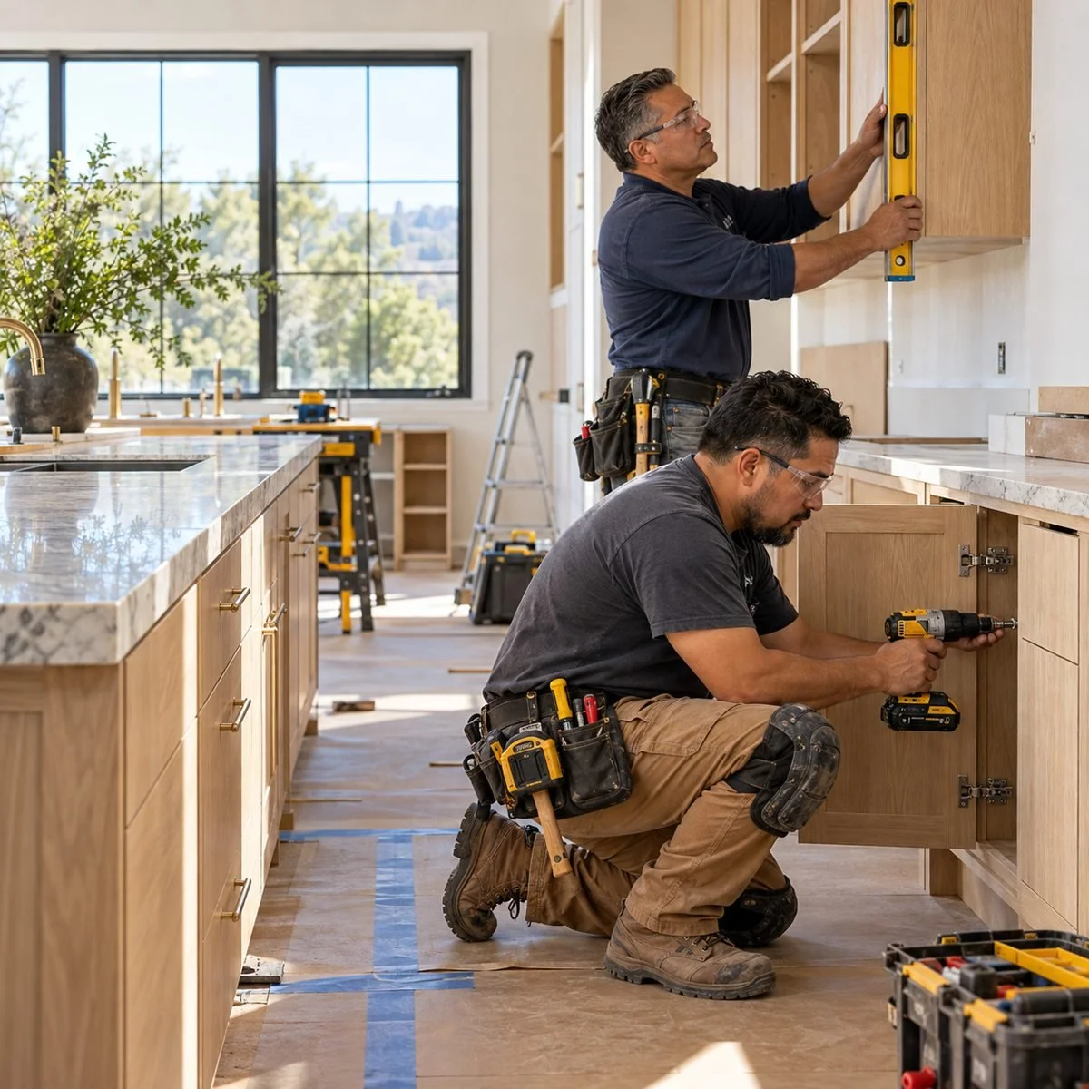 Kitchen remodeling crew installing wood cabinets and adjusting hardware during an interior home renovation.