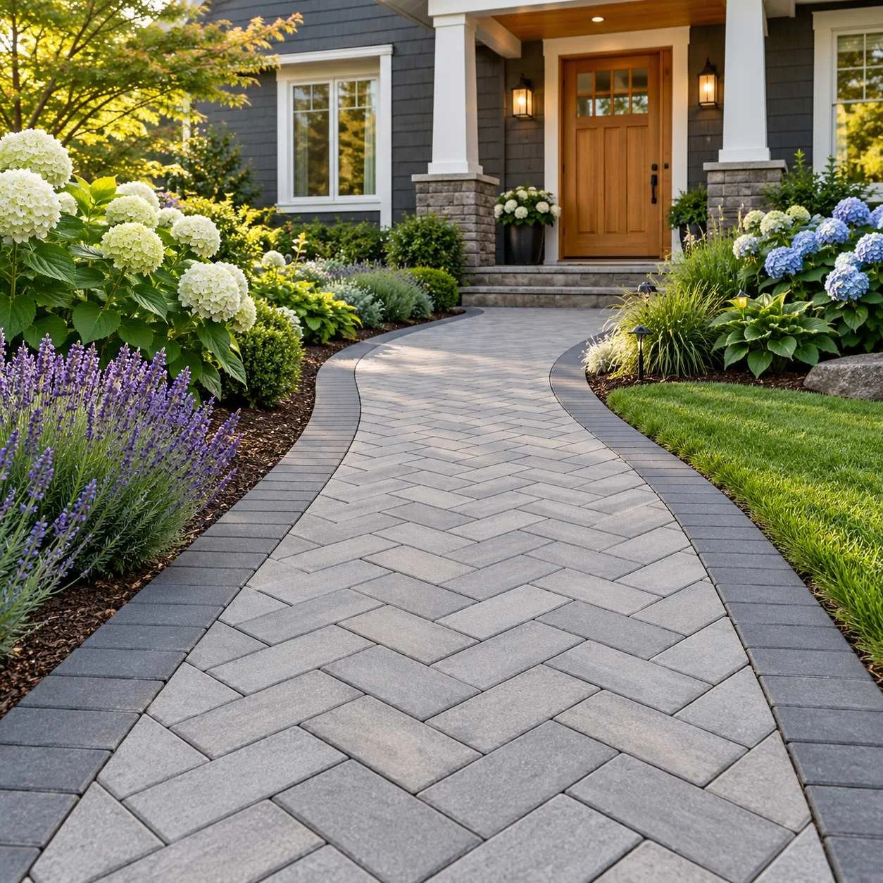 Curved gray paver walkway with dark edging leading through hydrangeas and lavender to a welcoming wood front door.