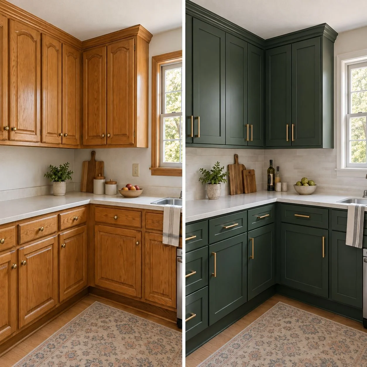 Cabinet renovation concept showing oak cabinets updated to forest-green cabinetry with brass pulls and crown molding.