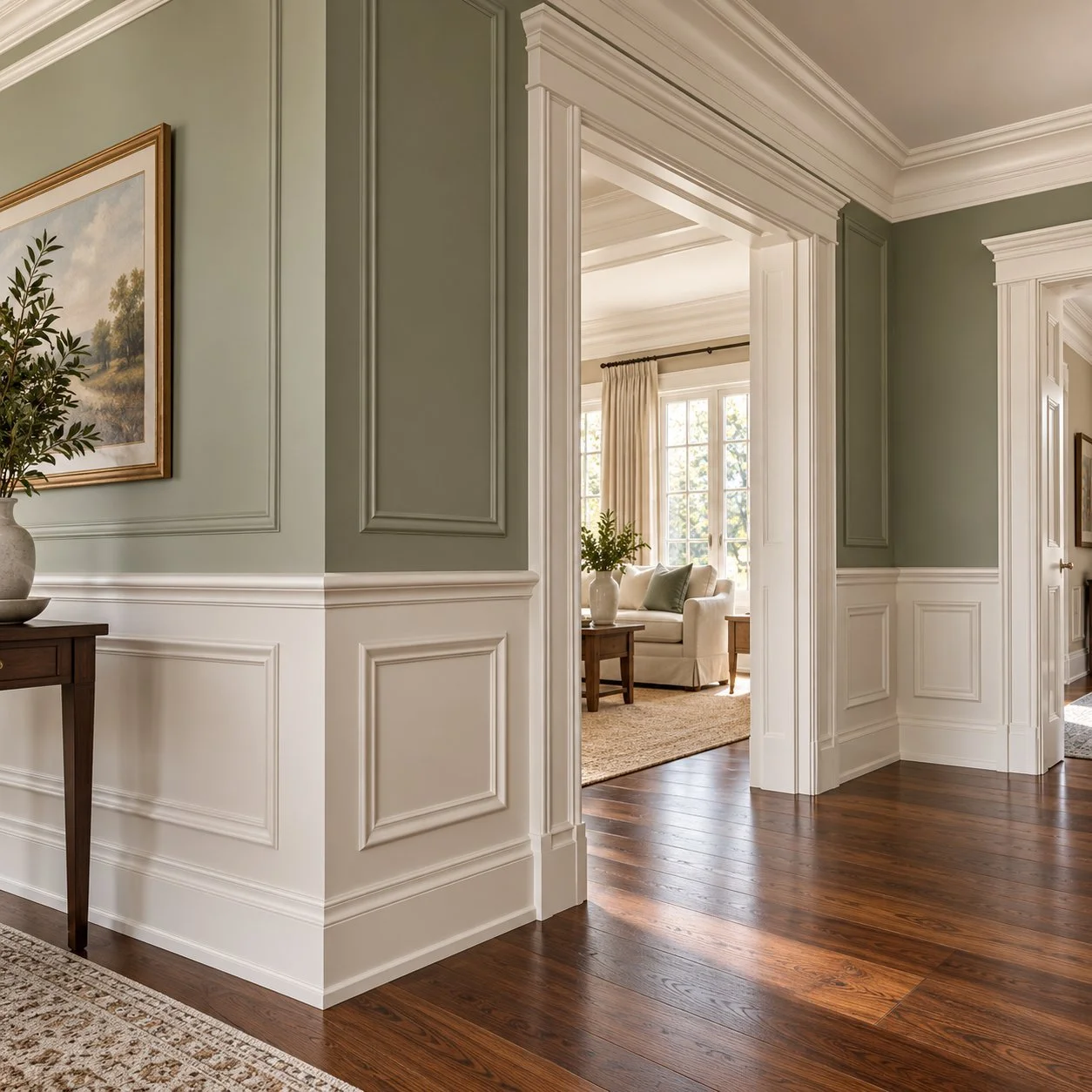 Elegant hallway with white baseboards, crown molding and paneled door trim against sage walls and walnut flooring.