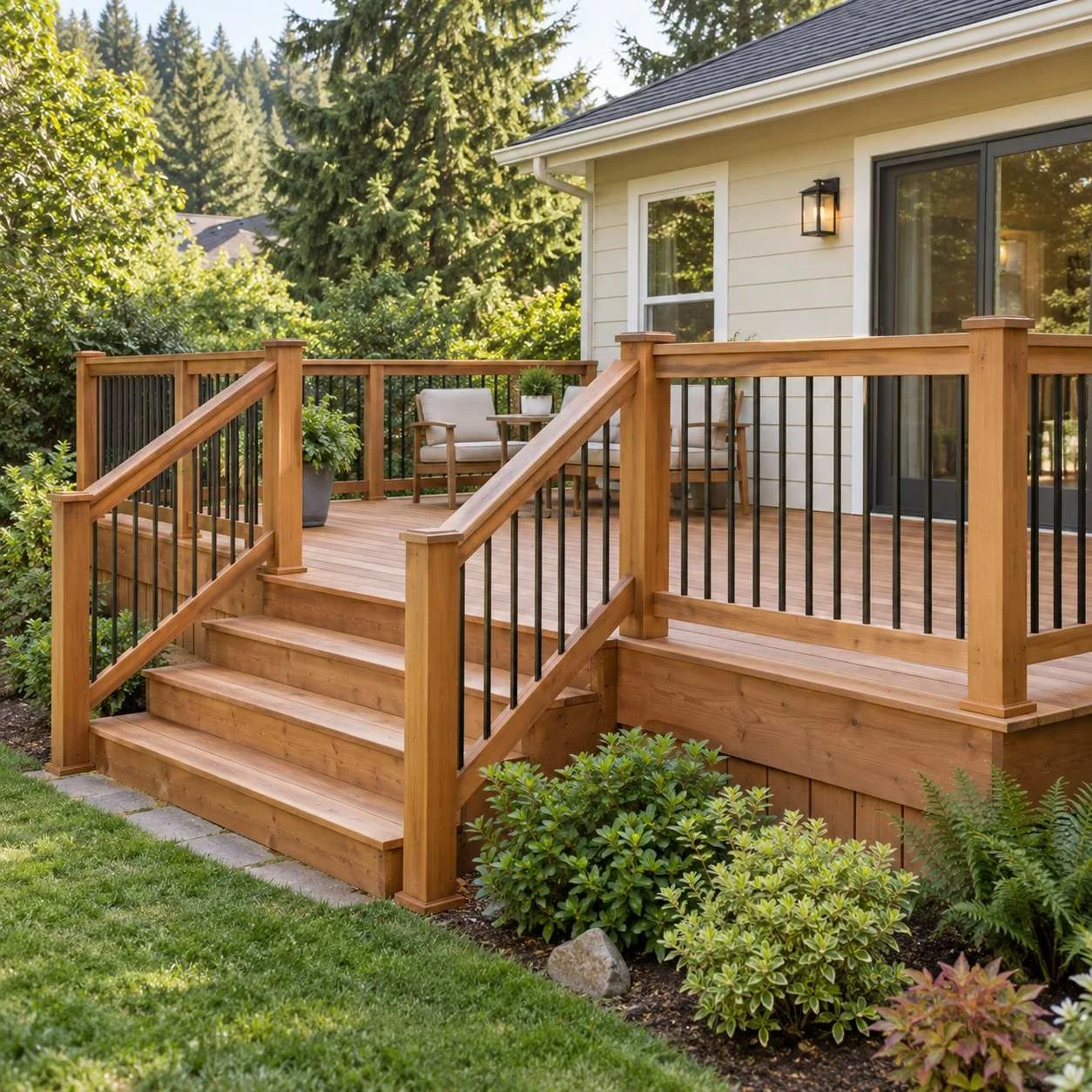 Cedar backyard deck with wide wood stairs, matching handrails and black metal balusters beside a landscaped lawn.