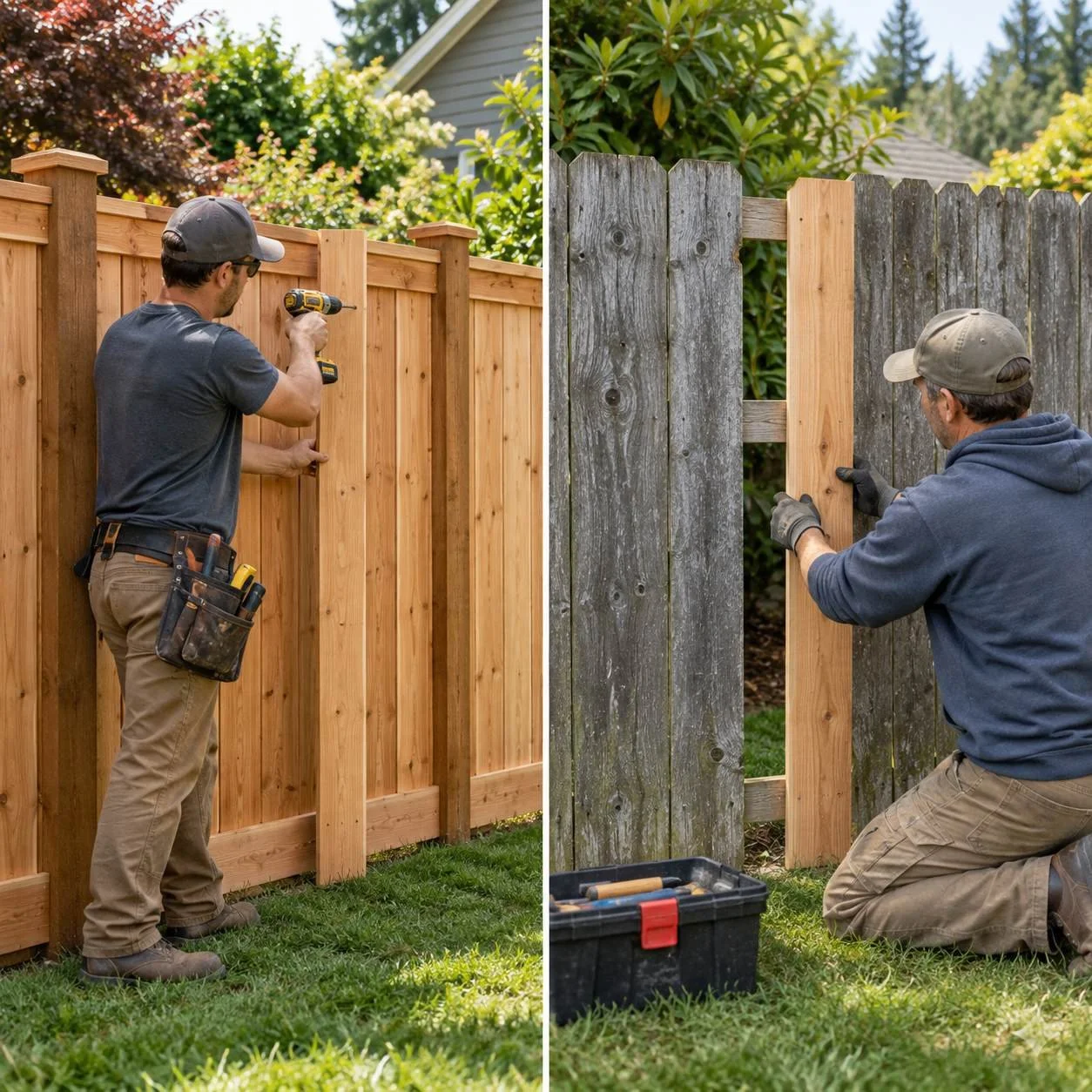 Split image showing cedar fence installation and a worker replacing a damaged board in a weathered wood fence.