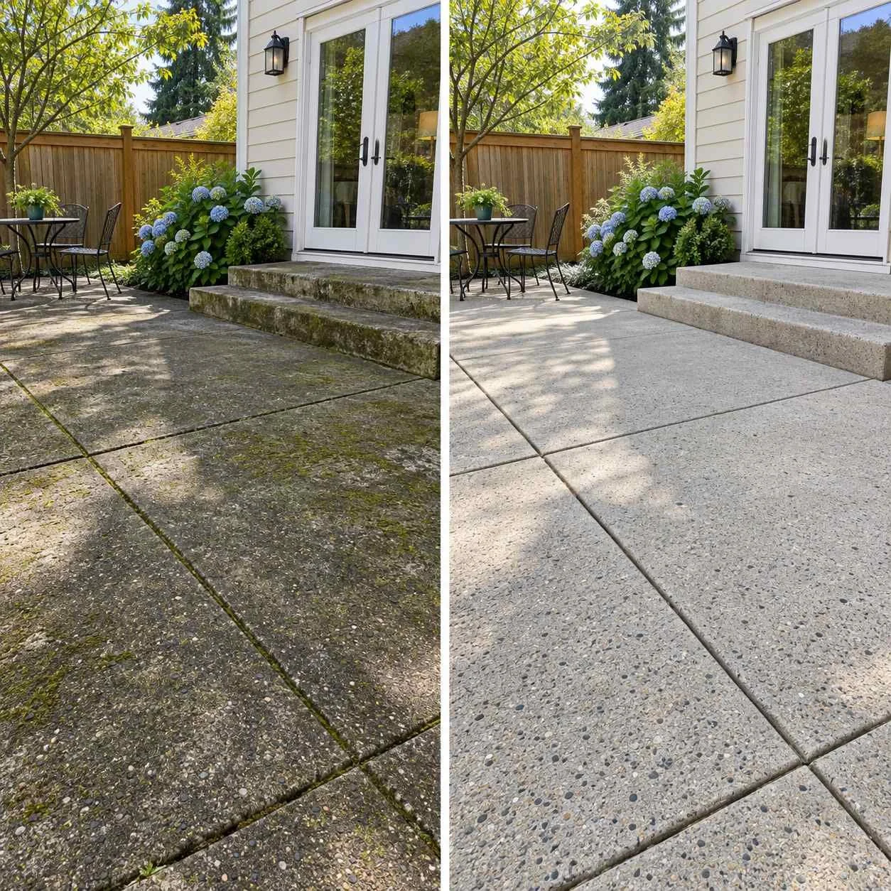 Comparison of two concrete patio surfaces, one with weathered, mossy concrete and the other with new, clean concrete.