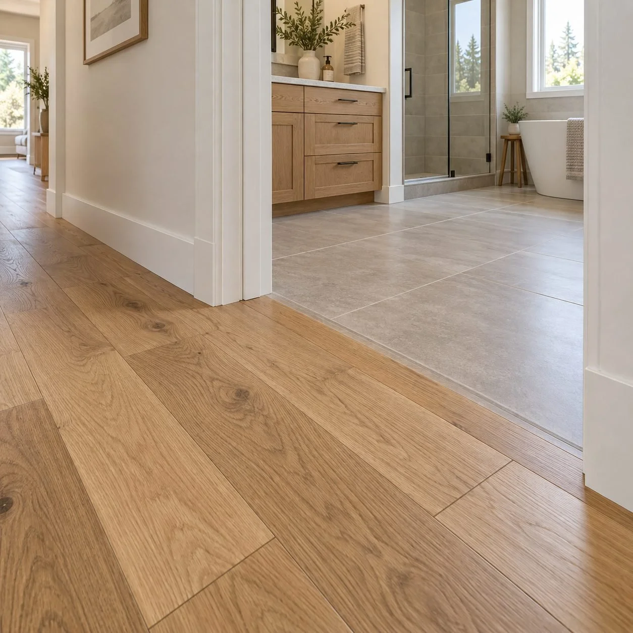 Oak plank flooring transitions into neutral bathroom tile, with white baseboards and a natural wood vanity.