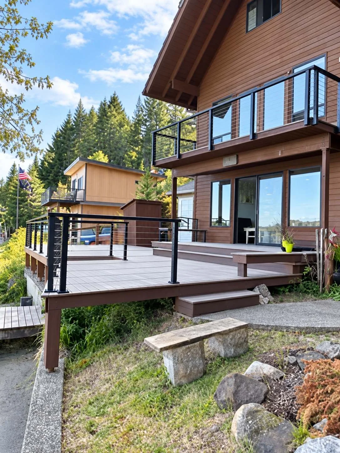 Residential deck with gray boards, entry steps and black cable railings beside a brown home surrounded by trees.