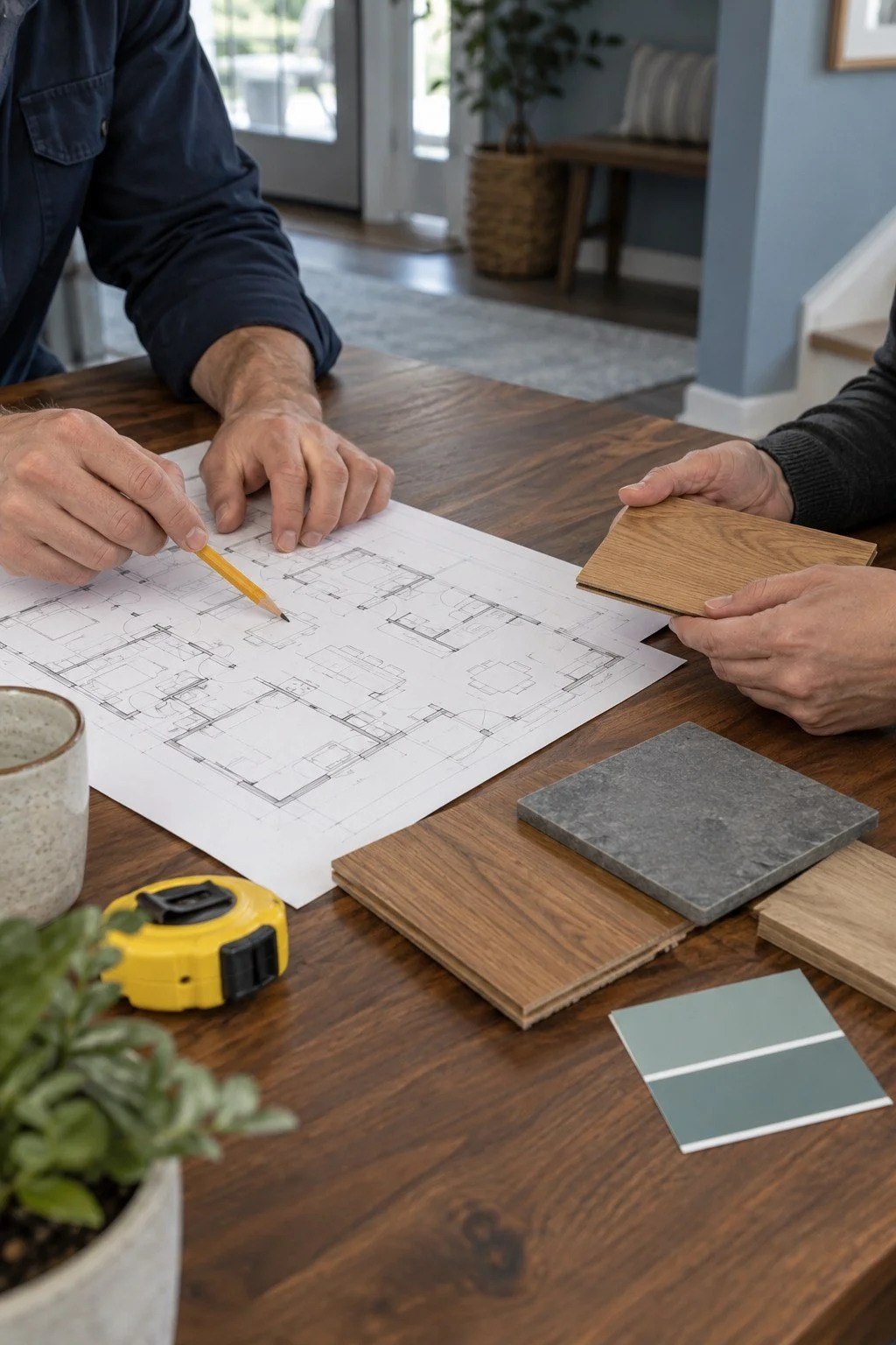 Hands reviewing home renovation plans with wood flooring, gray tile and paint samples on a wooden table.