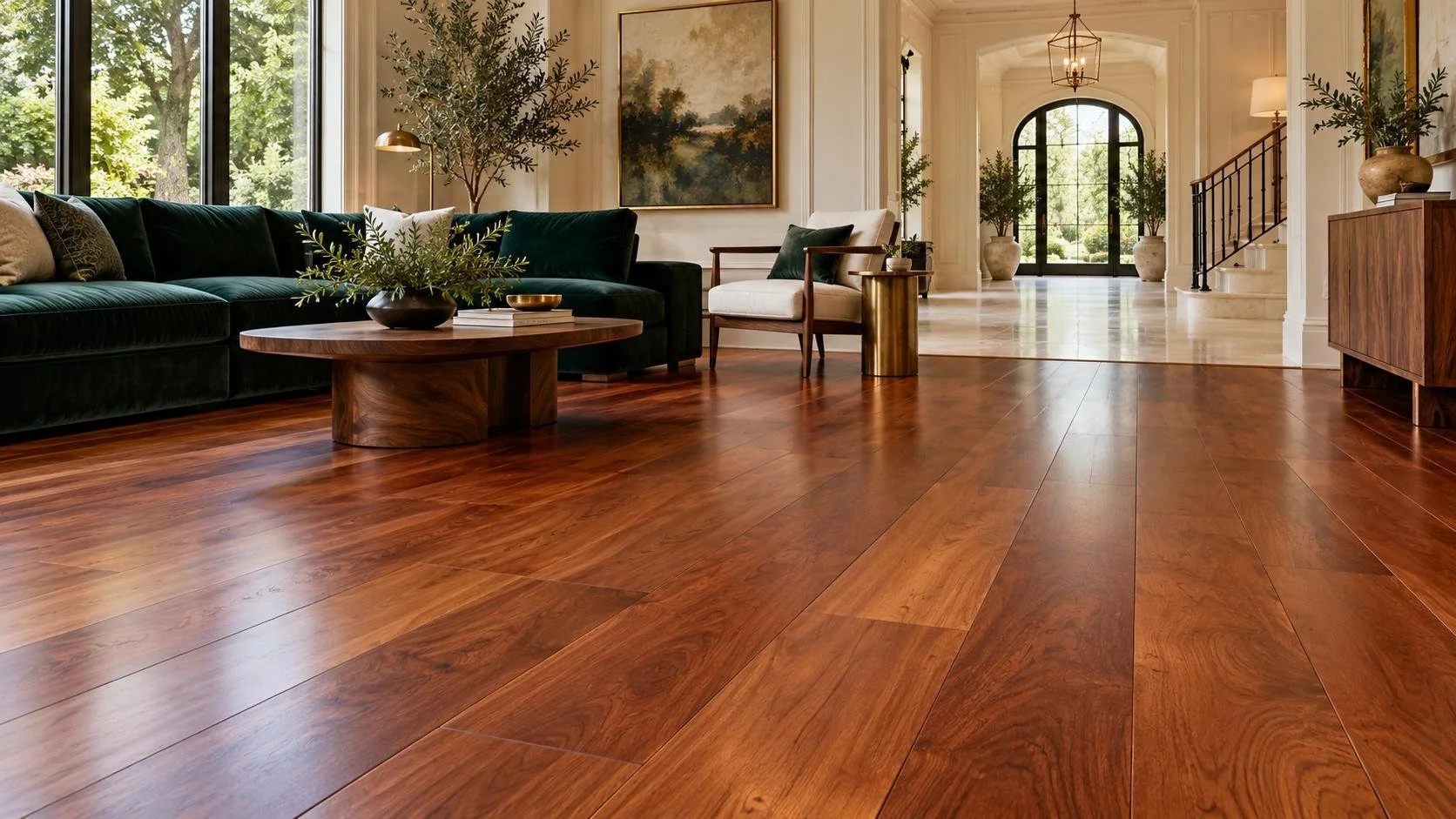 Rich cherry hardwood flooring in an elegant living room with an emerald sofa and adjoining stone tile entryway.