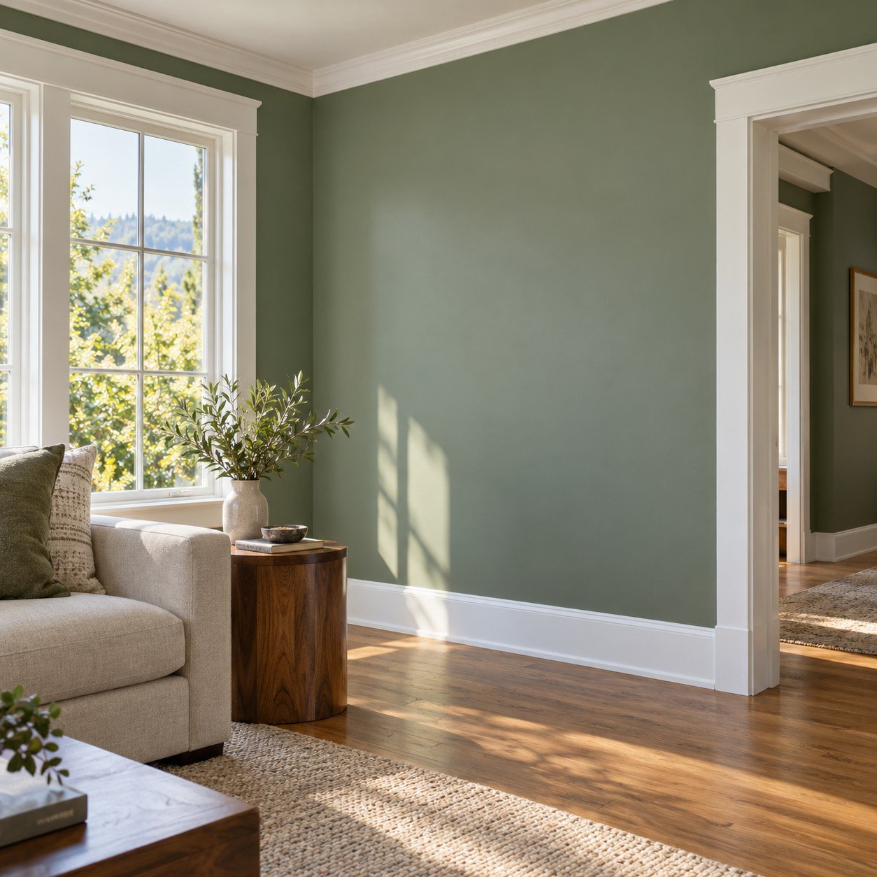 Sage-green living room walls with crisp white crown molding, window trim and baseboards beside natural oak flooring.