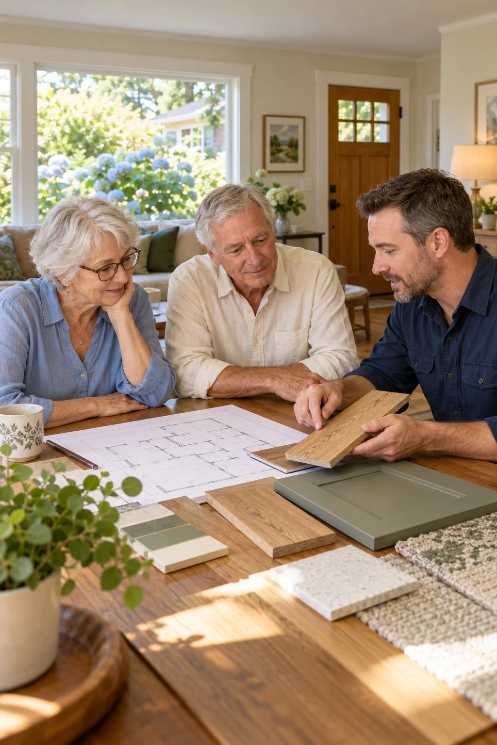 Older homeowners reviewing flooring samples and renovation plans with a contractor during a consultation in their home.