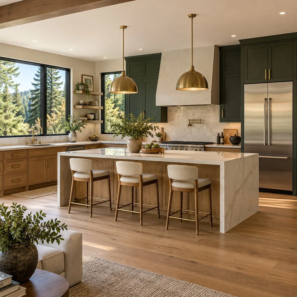 Kitchen remodeling inspiration featuring oak and green cabinets, a quartz island, brass lighting and modern appliances.