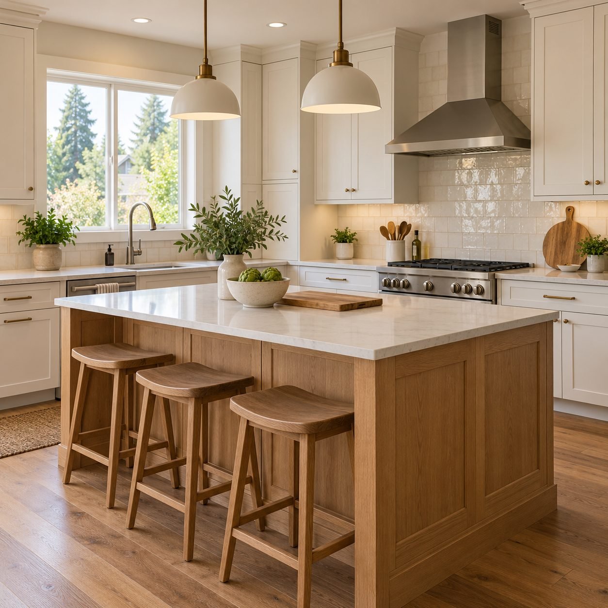 Kitchen remodeling inspiration with white cabinets, an oak island, cream tile backsplash and wood flooring.