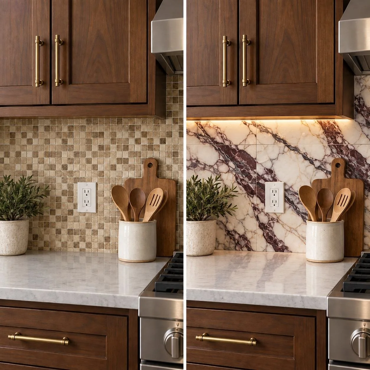 Kitchen backsplash renovation concept showing beige mosaic replaced with veined marble and warm under-cabinet lighting.