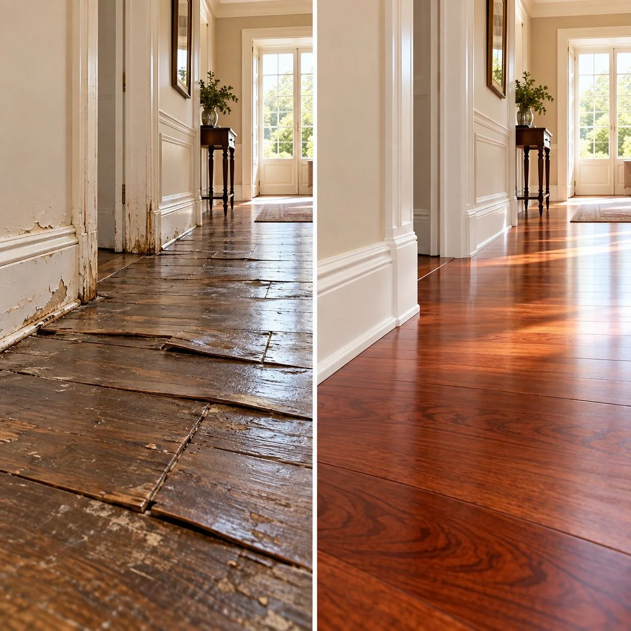 Hallway before and after flooring and trim replacement, showing damaged boards replaced with rich cherry hardwood.