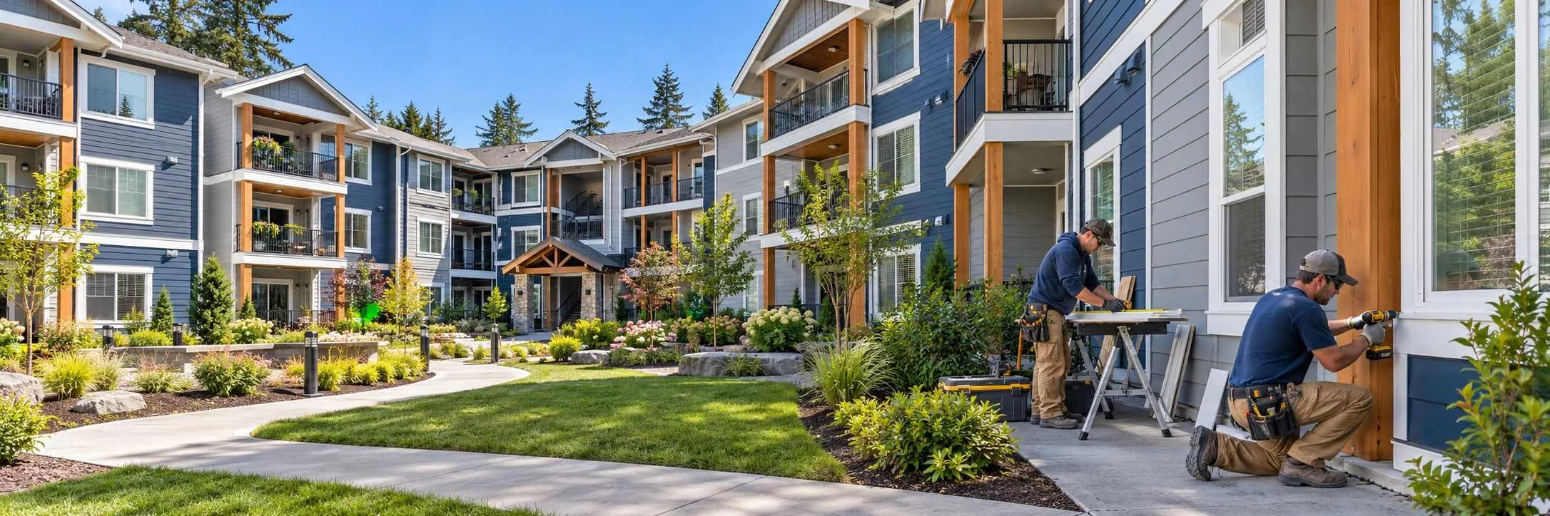 Workers repairing exterior trim at a multi-unit apartment complex with updated siding, balconies and landscaped grounds.