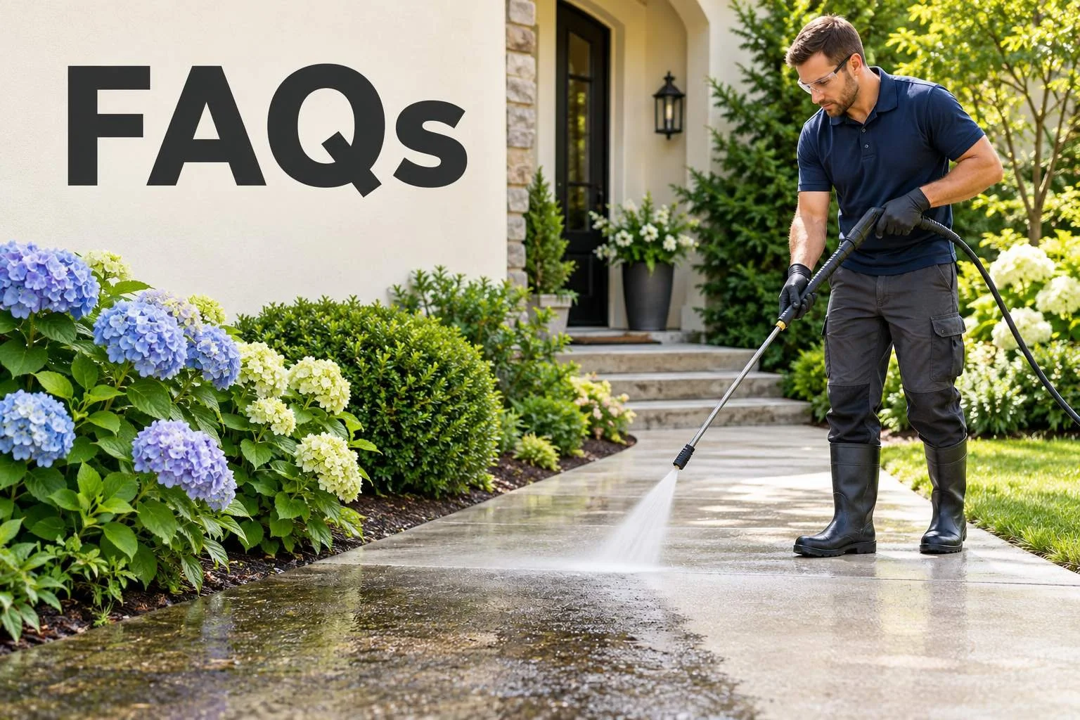 FAQs text beside a worker pressure washing a concrete walkway, with colorful hydrangeas surrounding the home entrance.