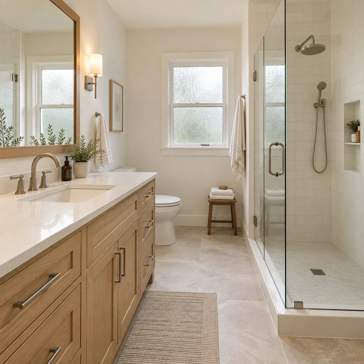Bathroom remodeling inspiration with an oak vanity, quartz countertop, glass shower enclosure and neutral tile flooring.