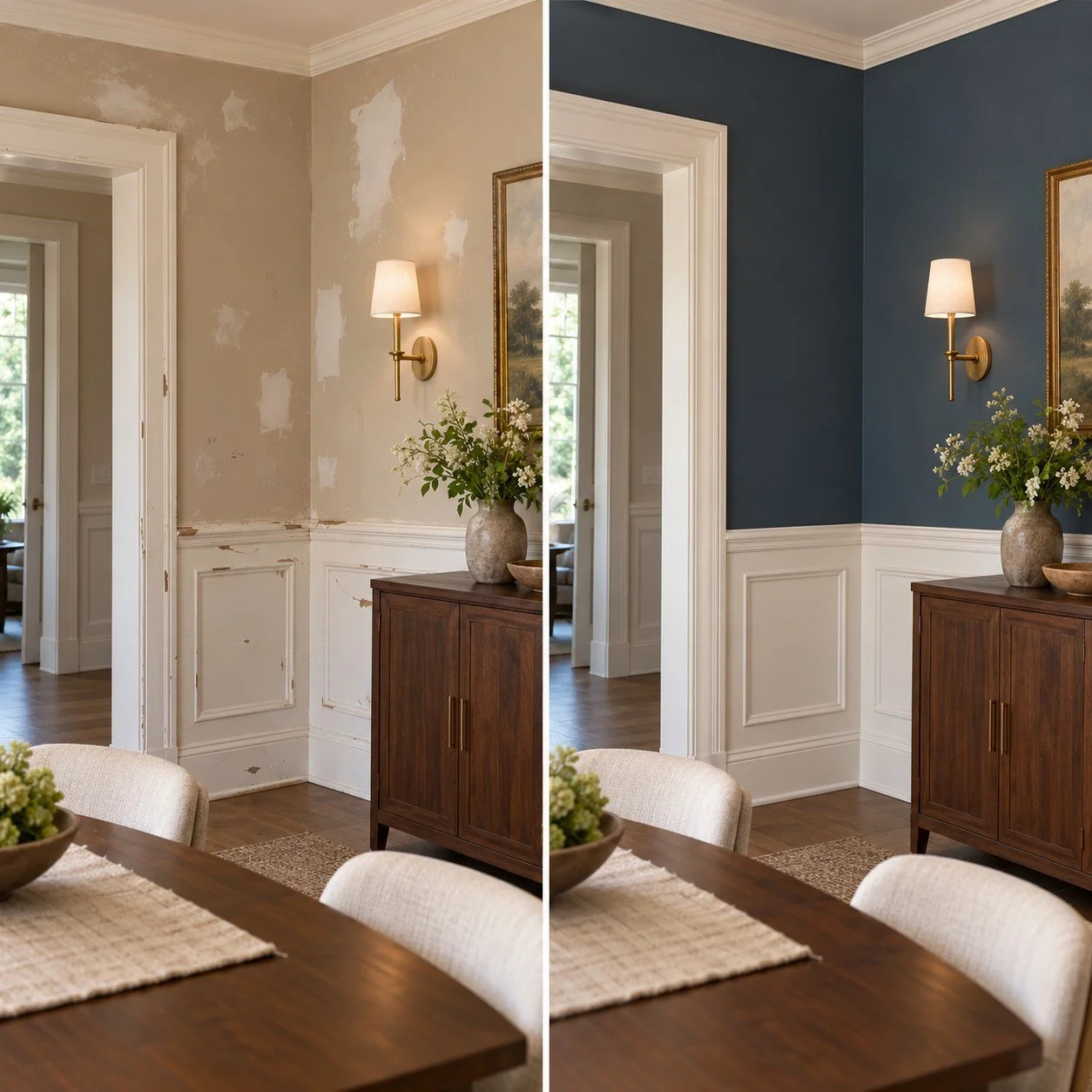 Dining room before and after surface repairs, with patched walls finished in deep blue paint and crisp white wainscoting.