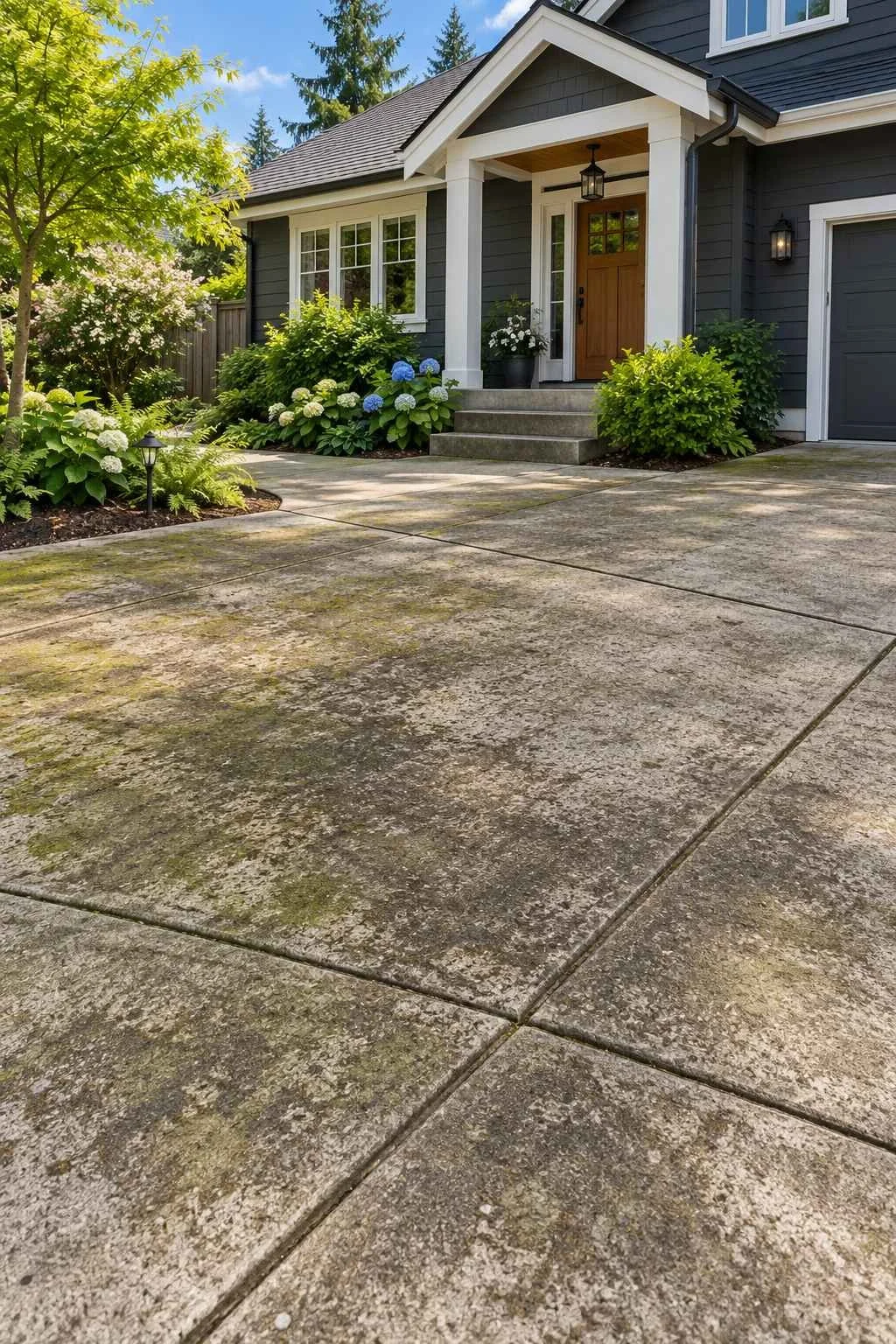Concrete driveway, walkway and front steps with dark grime and green buildup before pressure washing outside a home.