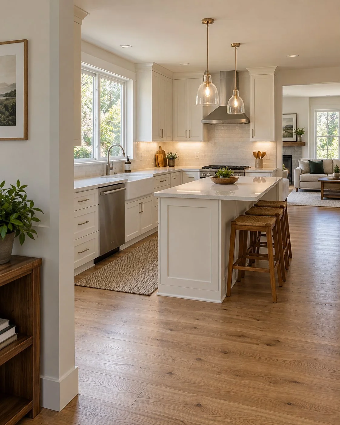 Tacoma home remodeling inspiration with white kitchen cabinets, tile backsplash, an island and wood flooring.