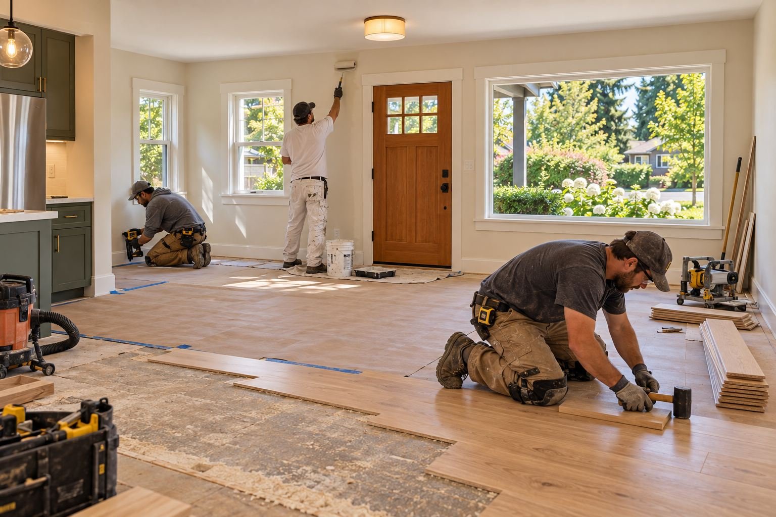 Property renovations contractor crew installing wood flooring, painting walls and fitting trim in a bright interior.