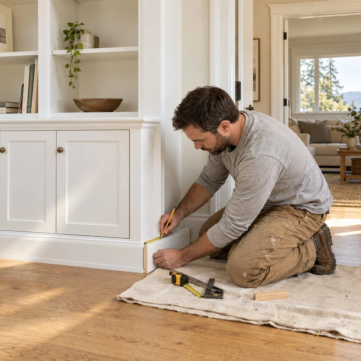 Carpenter measuring and fitting white baseboard trim beside built-in shelving and cabinetry on an oak floor.