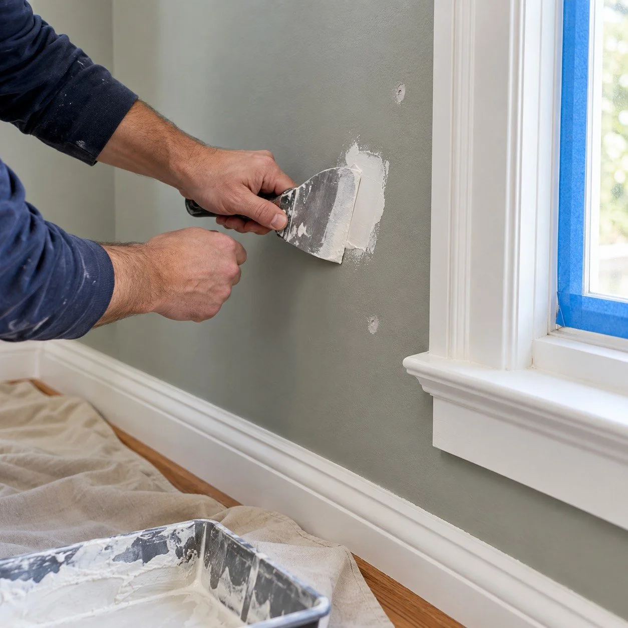 Hands patching an interior wall beside white window trim, with painter’s tape and a drop cloth protecting nearby surfaces.