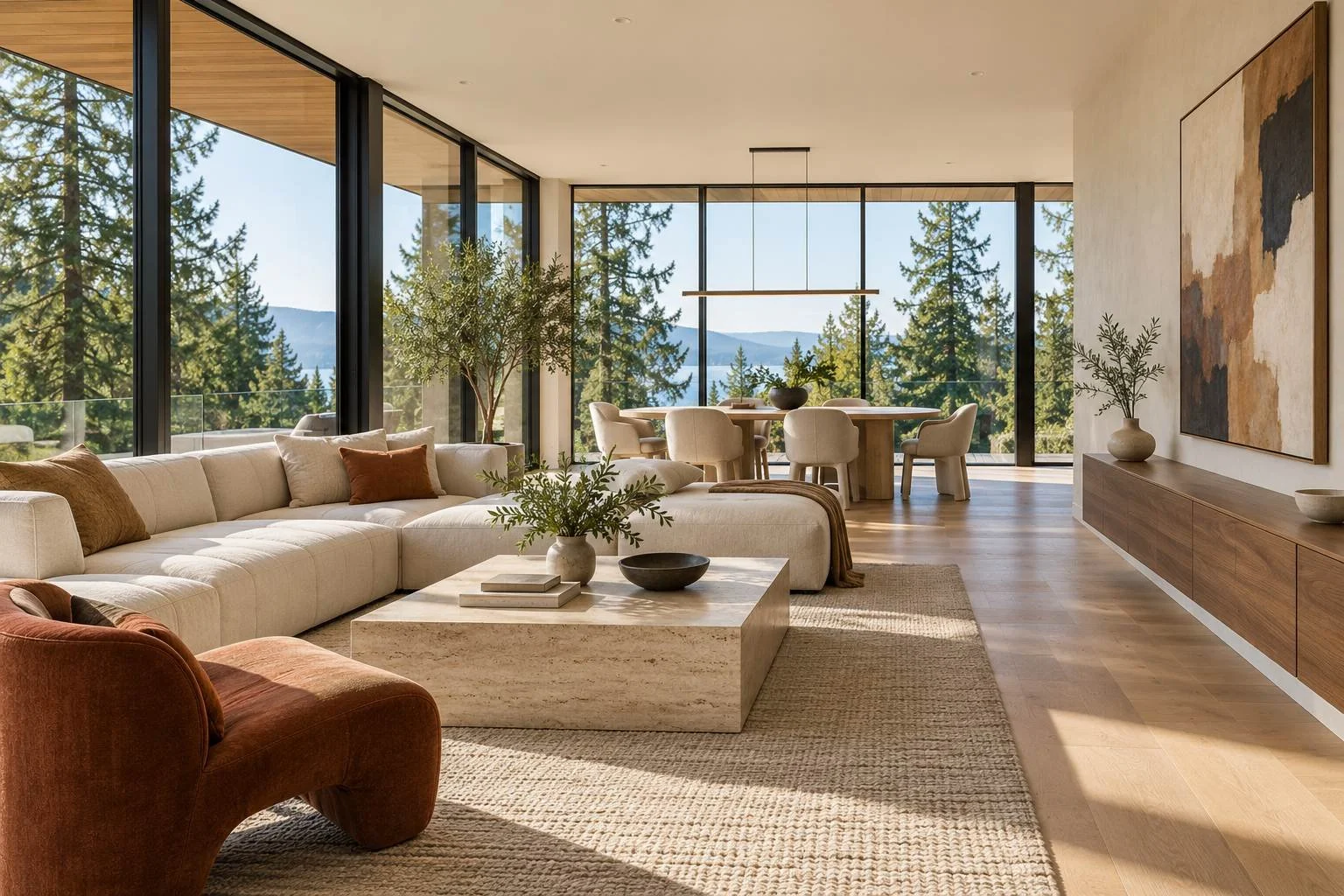 Modern living and dining rooms with light oak floors, a floating walnut cabinet, cream seating and expansive windows.
