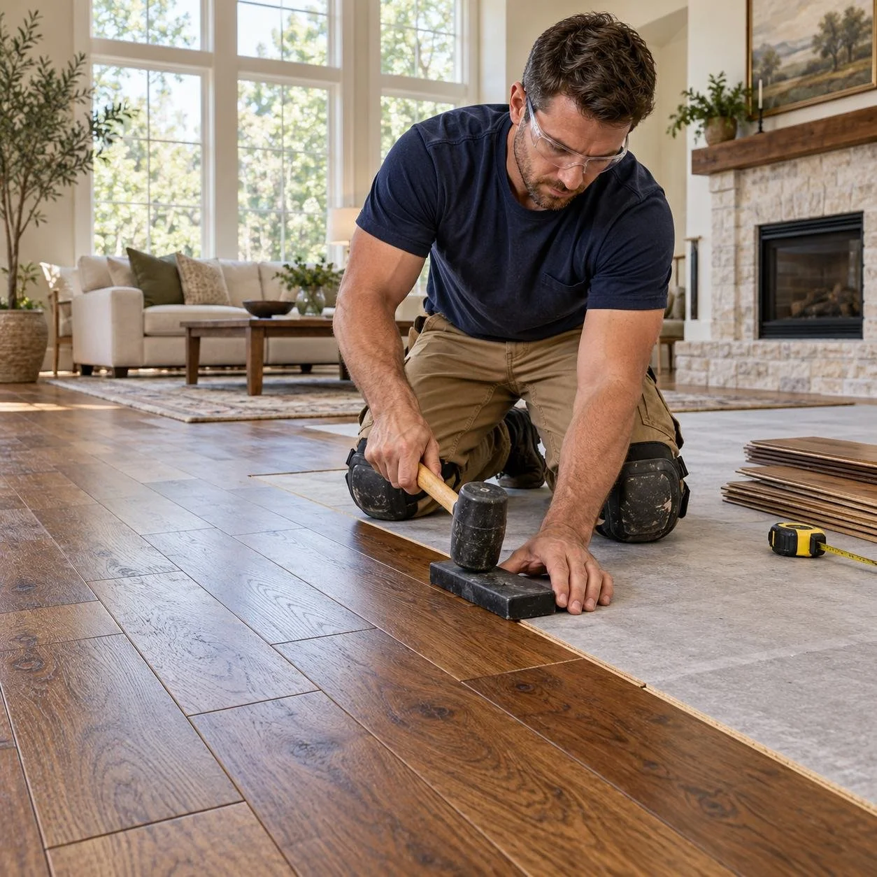 Flooring installer fitting warm brown wood planks with a rubber mallet and tapping block in a bright living room.