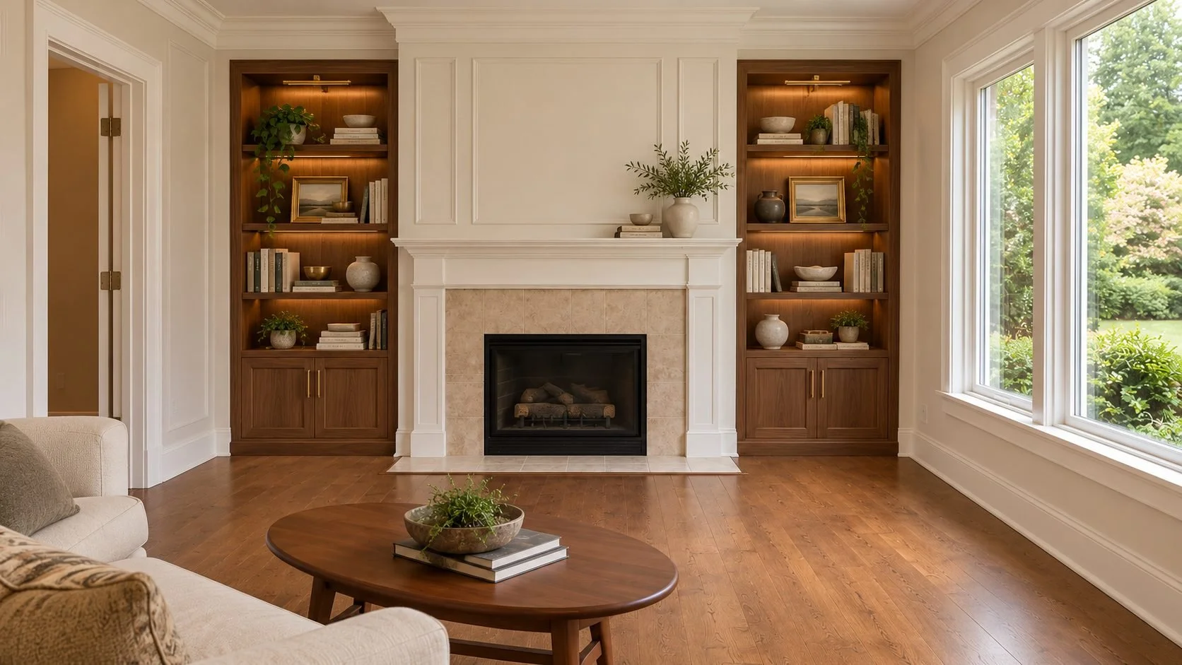 Carpentry and Finish Work, cabinets, illuminated shelves, an elegant fireplace mantel and detailed white molding.
