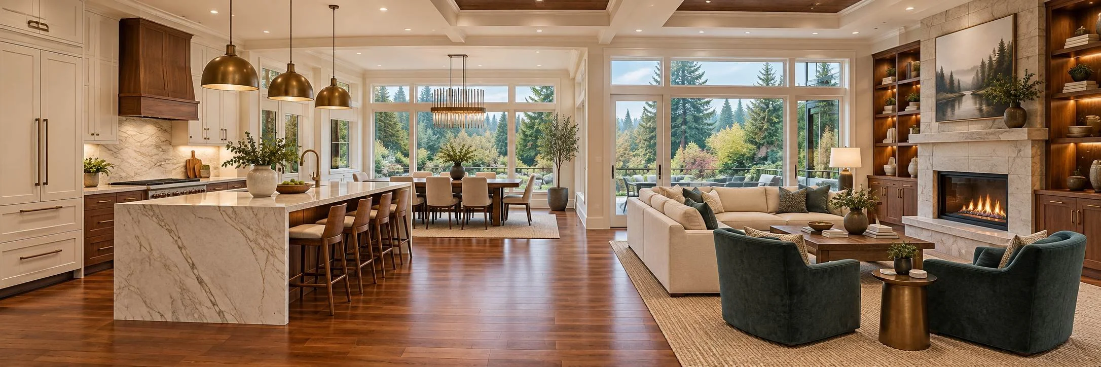 Luxury kitchen, dining and living spaces with cherry hardwood floors, a stone island, walnut cabinetry and fireplace.